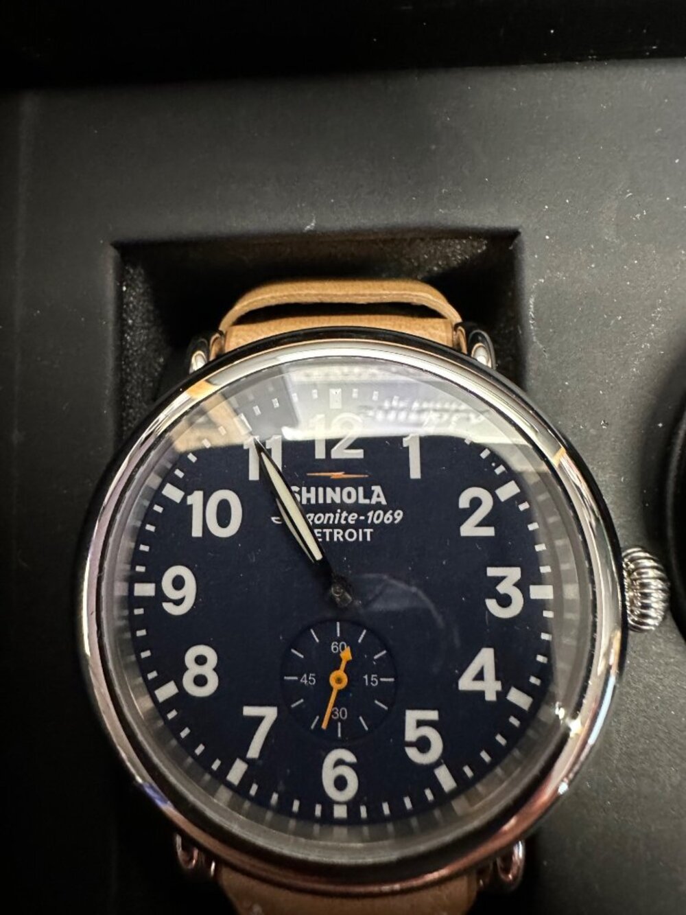 Shinola Runwell 41mm Mens Watch W/ Tan Leather Strap Dark Blue Dial Wood Box & L